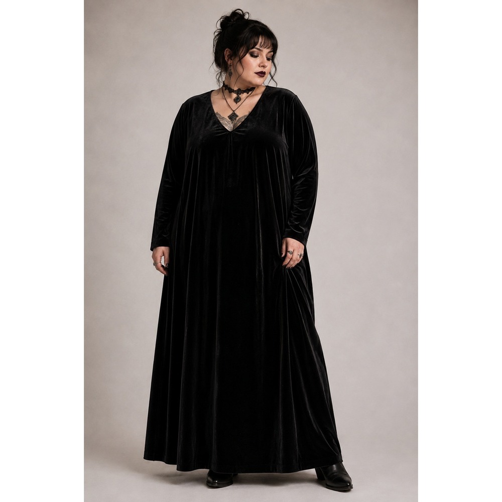 Worthington Woman Black Velvet Maxi Dress Plus Size 24W Goth Witchy V-Neck Gown